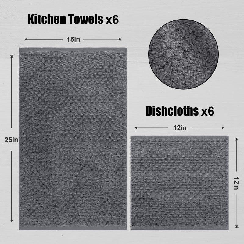 Fintale Fintale 100% Cotton Kitchen Towels and Dishcloths Set  12 x 12 & 15 x 25 Inches  Set of 12 Bulk Super Soft and Absorbent Terry Cloth Dish Towels  Quick Drying Hand Towels with Hanging Loop  Dark Grey  - Image 2