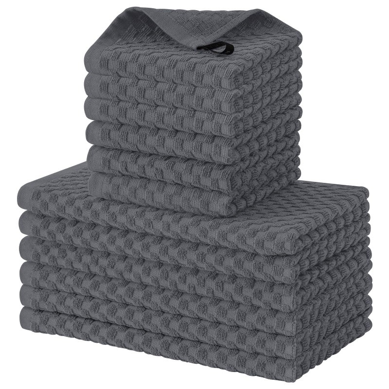 Fintale Fintale 100% Cotton Kitchen Towels and Dishcloths Set  12 x 12 & 15 x 25 Inches  Set of 12 Bulk Super Soft and Absorbent Terry Cloth Dish Towels  Quick Drying Hand Towels with Hanging Loop  Dark Grey  - Image 1