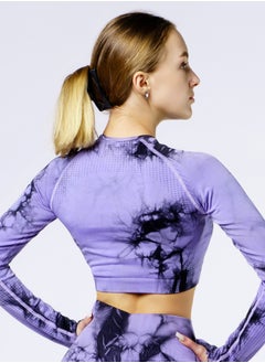 Bernessi Nylon Tie Dye Long Sleeve Crop Top with Round Neck Women's Cropped T Shirt for Workout Yoga Running Exercise Textured Purple Print  - Image 3