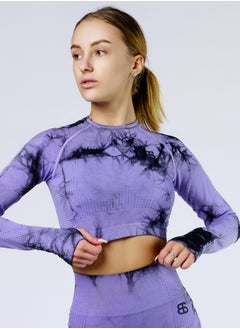 Bernessi Nylon Tie Dye Long Sleeve Crop Top with Round Neck Women's Cropped T Shirt for Workout Yoga Running Exercise Textured Purple Print  - Image 1