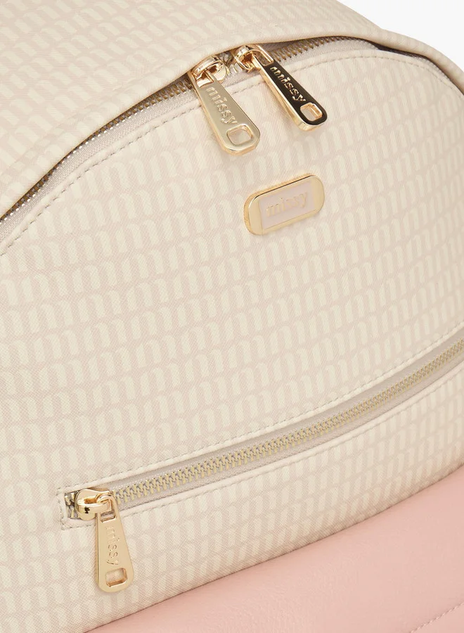 MISSY Women's Monogram Print Backpack with Adjustable Straps and Zip Closure - 32x16x41 cm