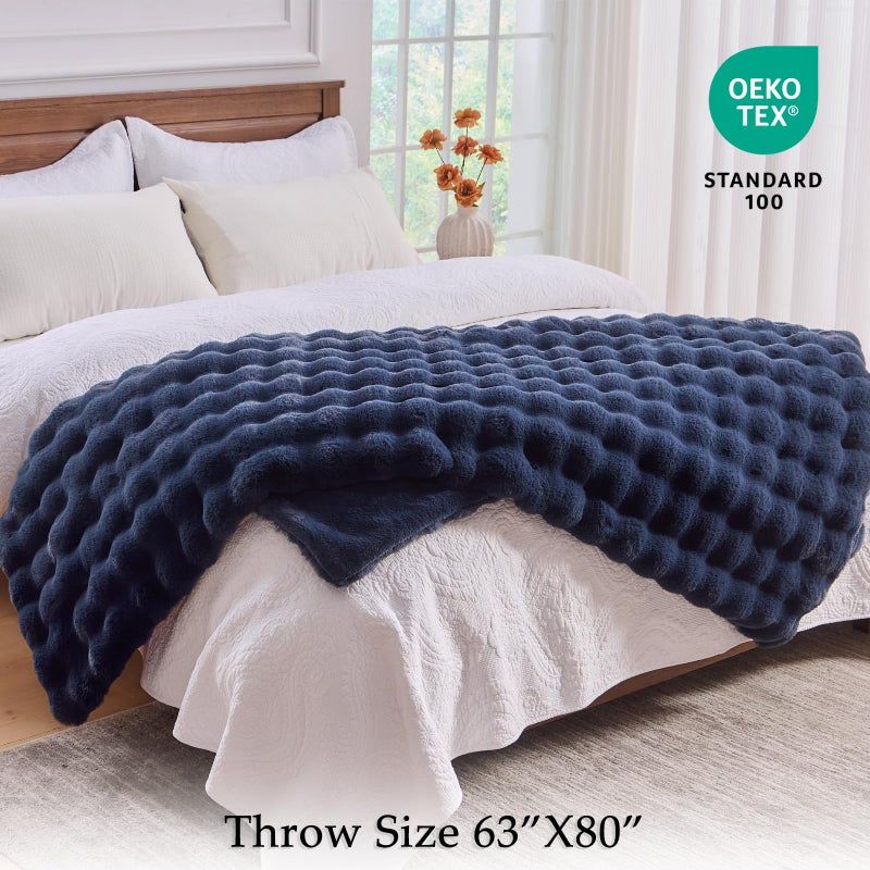 Benvwe Fluffy Faux Fur Throw Blanket For Couch  Soft Plush Thick Cozy Fuzzy Luxury Minky Bubble Blanket For Home Living Room Decor Gift For Women  Navy Blue  63 "" X 80 ""  1100Gsm - Image 2