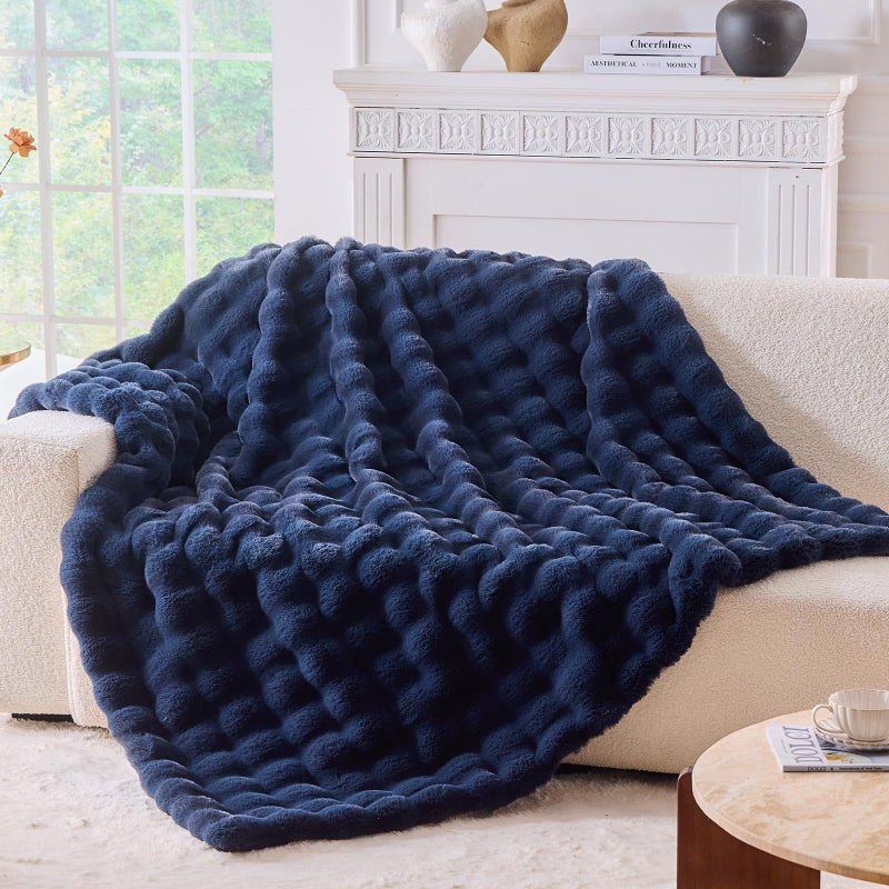 Benvwe Fluffy Faux Fur Throw Blanket For Couch  Soft Plush Thick Cozy Fuzzy Luxury Minky Bubble Blanket For Home Living Room Decor Gift For Women  Navy Blue  63 "" X 80 ""  1100Gsm - Image 1