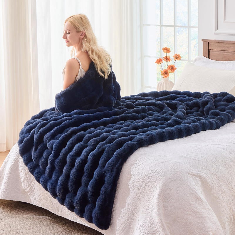 Benvwe Fluffy Faux Fur Throw Blanket For Couch  Soft Plush Thick Cozy Fuzzy Luxury Minky Bubble Blanket For Home Living Room Decor Gift For Women  Navy Blue  63 "" X 80 ""  1100Gsm - Image 5