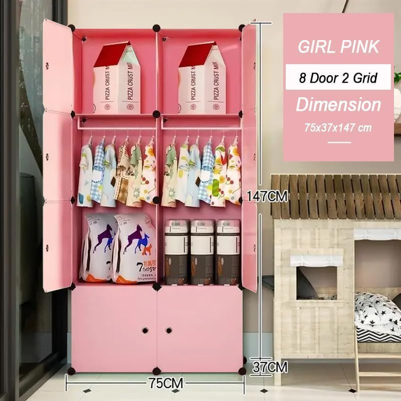 LUHI Plastic Wardrobe for Kids Clothes – Durable, Easy to Use Anti-Skid & Non-Slip Effective Professional Collapsible Wardrobe, Plastic Cupboard for Kids, Foldable Almirah (Pink-X3, 8-Door) - Image 2