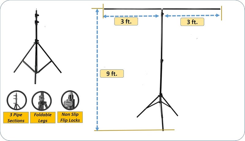 PICPRO 9ft x 6ft T-Shaped Tripod Background Photo & Videography Stand with 2N Holding Clips,6ft Wide 9ft Tall Adjustable Photo Studio Background Support (T Stand and Clips with Bag) - Image 4