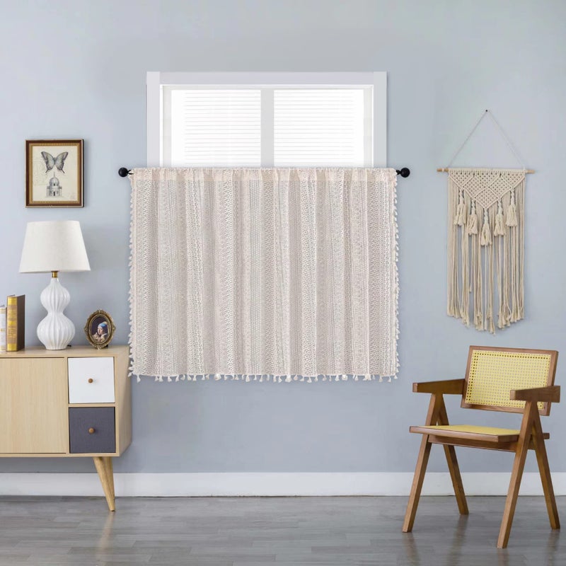 Sutuo Home Sutuo Home Boho Curtain Stain Valance Tier Crochet Lace with Bohemian Hollow Tharlized Handmade Tassels Short Farmhouse Window For Kitchen Cafe Pocket 1 Pane 59 "W × 36" L beige  - Image 1