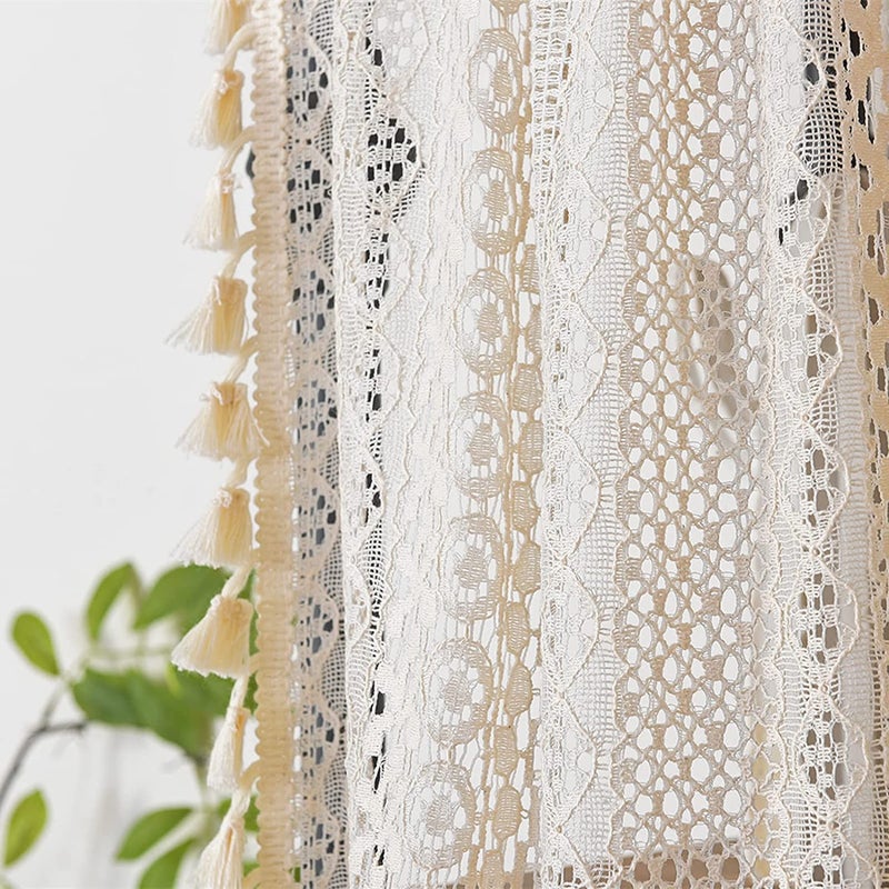 Sutuo Home Sutuo Home Boho Curtain Stain Valance Tier Crochet Lace with Bohemian Hollow Tharlized Handmade Tassels Short Farmhouse Window For Kitchen Cafe Pocket 1 Pane 59 "W × 36" L beige  - Image 3