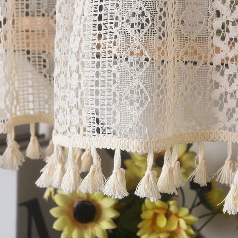 Sutuo Home Sutuo Home Boho Curtain Stain Valance Tier Crochet Lace with Bohemian Hollow Tharlized Handmade Tassels Short Farmhouse Window For Kitchen Cafe Pocket 1 Pane 59 "W × 36" L beige  - Image 2