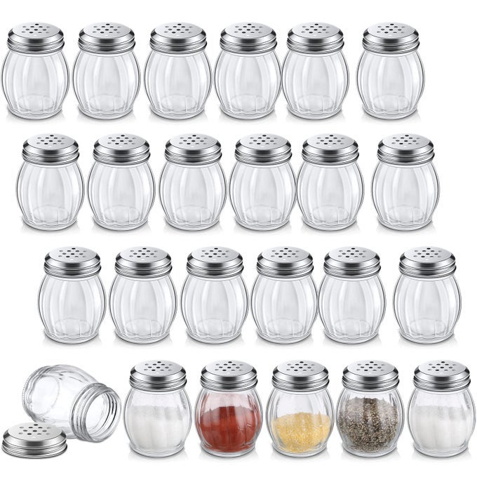 24 PCS GLASS SPICES SHAKER WITH PERFORATED TOP CHEESE SHAKER WITH SLOTTED STAINLESS STEEL TOP RETRO SWIRL STYLE JAR DISPENSERS FOR PEPPER SUGAR SPICE HOME KITCHEN APPLICATIONS 6 OUNCE SIMPLE STYLE
