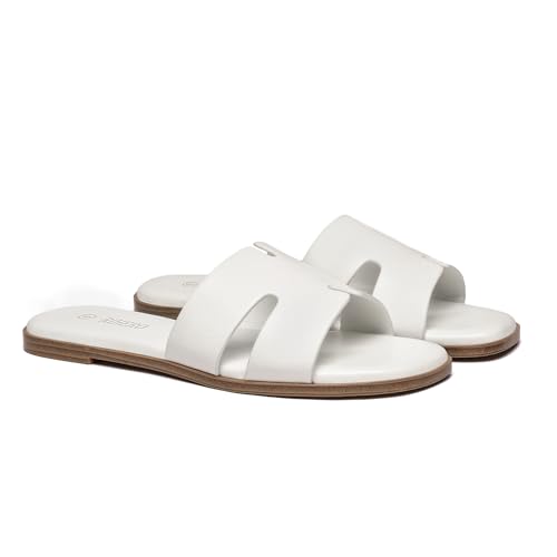 Rihero Women's Dressy Flat Sandals Comfortable Slip On Leather Slide White Sandals Size 7.5 - Image 4