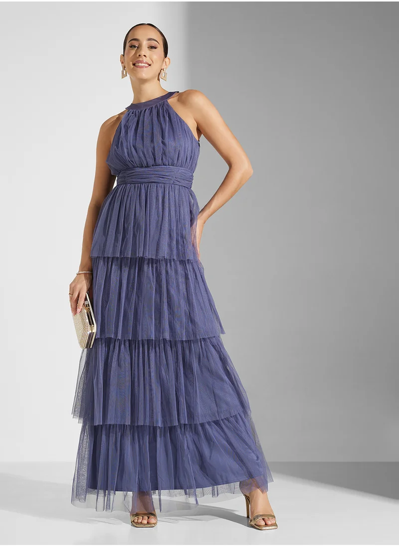 Anaya With Love Tiered Tulle Halter Neck Maxi With Gathered Waist