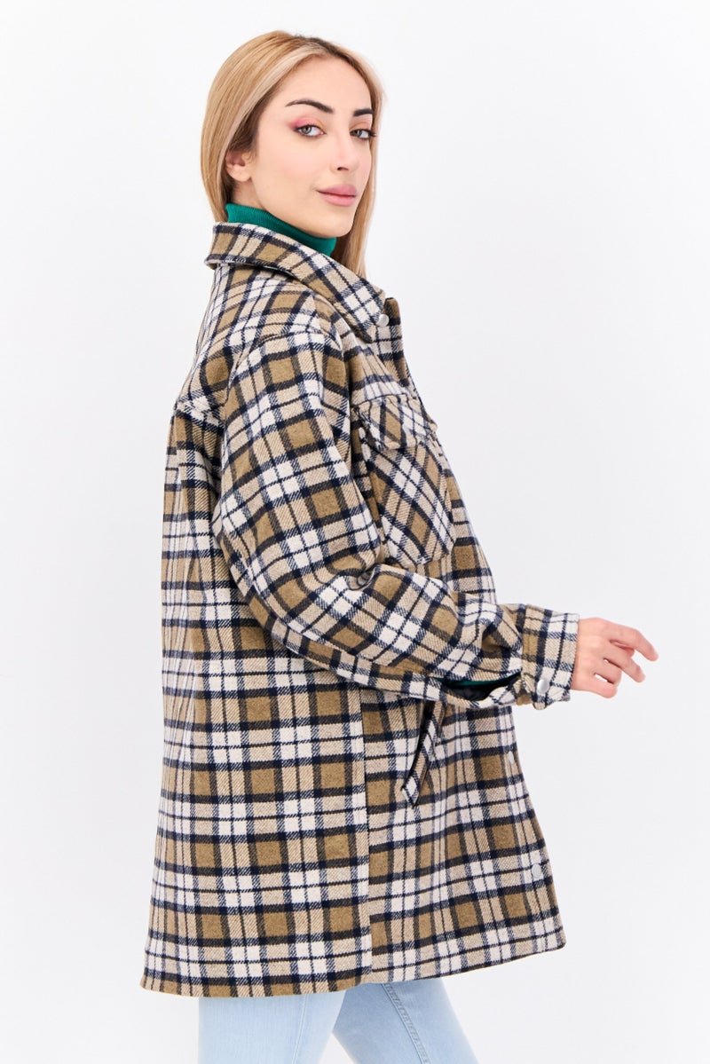 Envii Women Plaid Long Sleeve Jacket Shirt, Brown - Image 1