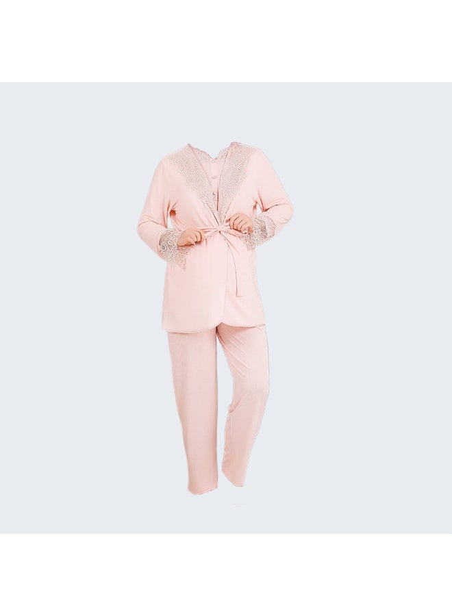 Women's Maternity & Nursing 3-Piece Pajama Set with Robe - Cotton Viscose Blend - Adjustable Waistband - Breastfeeding Buttons - Made in Turkey - Image 1