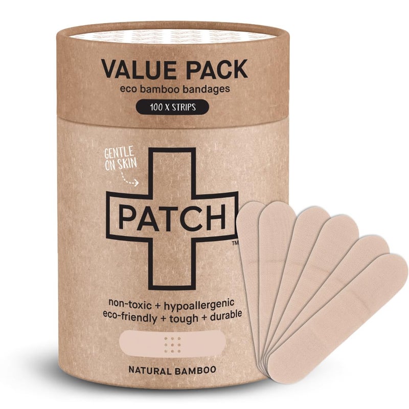 PATCH 100 Count Value Pack, Organic Natural Bamboo Eco-Friendly Adhesive Bandages for Abrasions & Grazes, Hypoallergenic Wound Care for Sensitive Skin, Compostable, Biodegradable, Latex & Plastic Free - Image 1