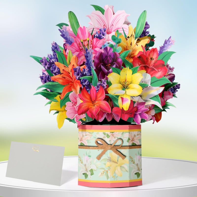 Tidponra Paper Flower Pop Up Cards Lilies Flower Bouquet Card Popup 3D Greeting Cards for Mothers Day Graduation Anniversary Birthday Congratulations Get Well Home Decor with Envelope and Note - Image 2