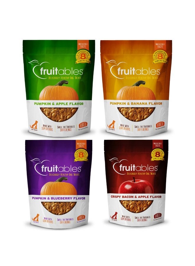 Fruitables Crunchy Dog Treats, (4) 12oz bag Variety Pack (Apple/Bacon, Pumpkin/Blueberry, Pumpkin/Banana, and Pumpkin/Apple) - Image 1