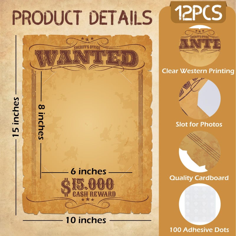 APUDWN 12 Pcs Wanted Posters Picture Frame 15 x 10 Inch Western Photo Props with 8 x 6 Inch Photos Frame Wanted Party Decorations for Wild West Cowboy Cowgirl Birthday Retro Rustic Party Supplies - Image 2