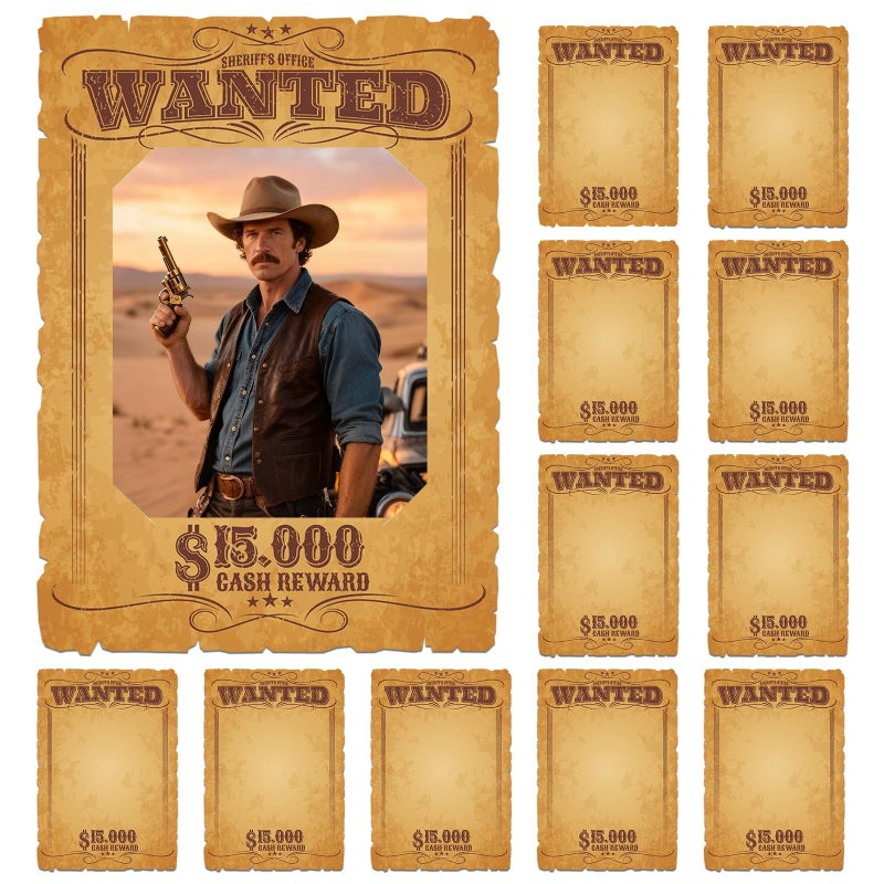 APUDWN 12 Pcs Wanted Posters Picture Frame 15 x 10 Inch Western Photo Props with 8 x 6 Inch Photos Frame Wanted Party Decorations for Wild West Cowboy Cowgirl Birthday Retro Rustic Party Supplies - Image 1