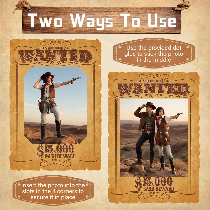 APUDWN 12 Pcs Wanted Posters Picture Frame 15 x 10 Inch Western Photo Props with 8 x 6 Inch Photos Frame Wanted Party Decorations for Wild West Cowboy Cowgirl Birthday Retro Rustic Party Supplies - Image 3