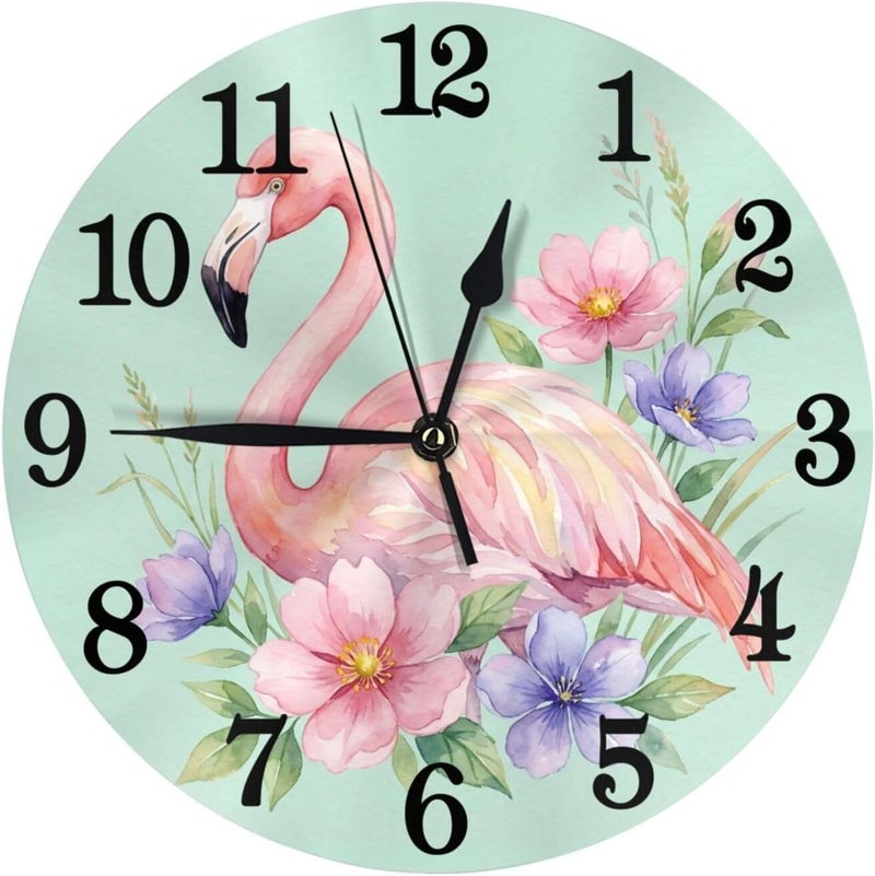 Abucaky Flamingo Print Wall Clock Battery Operated Silent Round Clock Wall Decor for Home Office School, 12 Inch - Image 1