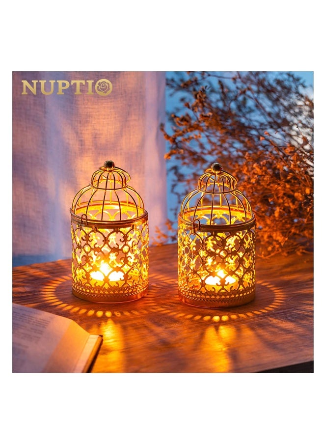 2 Pcs Small Metal Tealight Hanging Birdcage Lantern, Vintage Candle Holders, Vintage Decorative Centerpieces of Wedding, Party, Made of Metal, Sturdy Metal Ring, Serves as lighting for yard (Gold)  - Image 2