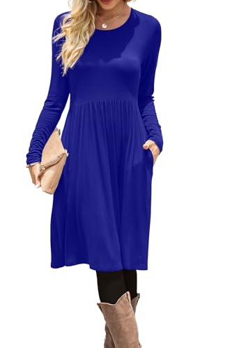 DB MOON Women Casual Long Sleeve Dresses Empire Waist Loose Dress with Pockets (Royal Blue, S) - Image 3