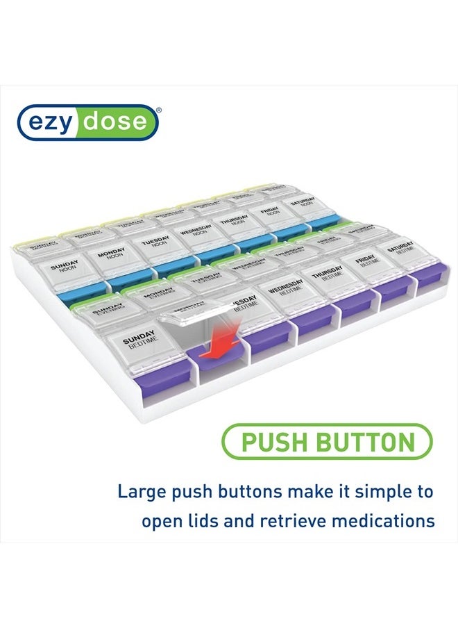 Ezy Dose Weekly (7-Day) Pill Case, Medicine Planner, Vitamin Organizer Box, 4 Times a Day, X-Large Push-Button Compartments, Convenient and Easy to Use, White and Clear Lids, BPA Free  - Image 5