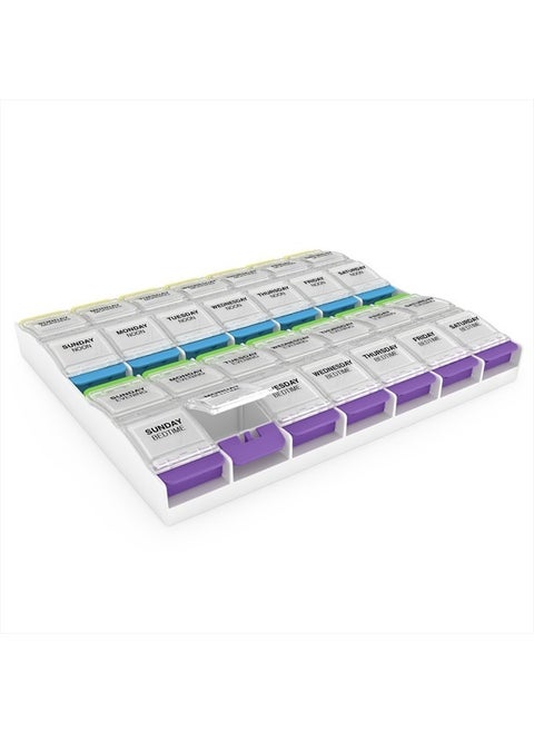 Weekly (7-Day) Pill Case, Medicine Planner, Vitamin Organizer Box, 4 Times a Day, X-Large Push-Button Compartments, Convenient and Easy to Use, White and Clear Lids, BPA Free