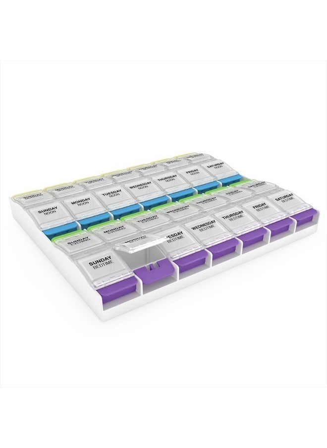 Ezy Dose Weekly (7-Day) Pill Case, Medicine Planner, Vitamin Organizer Box, 4 Times a Day, X-Large Push-Button Compartments, Convenient and Easy to Use, White and Clear Lids, BPA Free  - Image 1