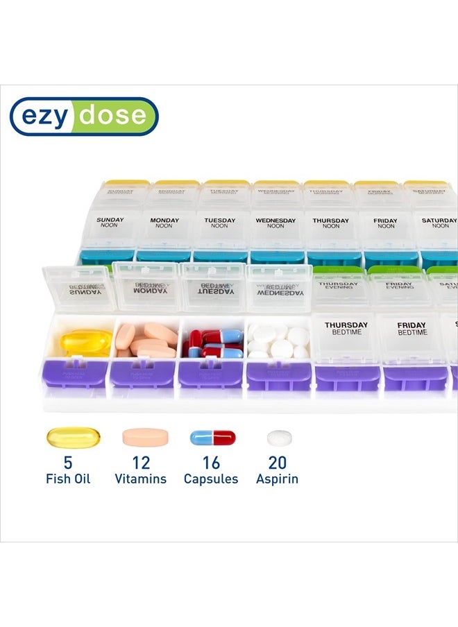 Ezy Dose Weekly (7-Day) Pill Case, Medicine Planner, Vitamin Organizer Box, 4 Times a Day, X-Large Push-Button Compartments, Convenient and Easy to Use, White and Clear Lids, BPA Free  - Image 3