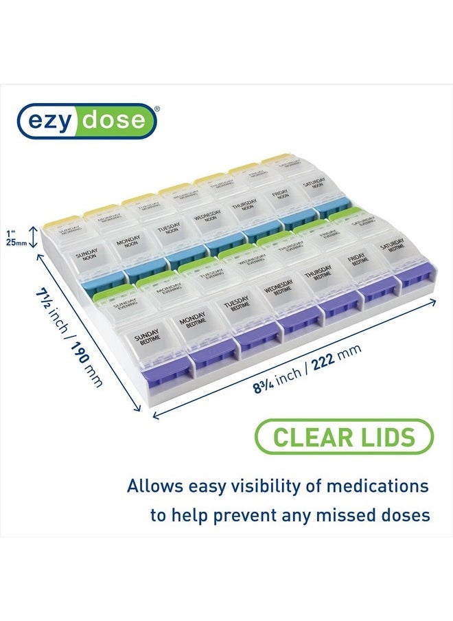 Ezy Dose Weekly (7-Day) Pill Case, Medicine Planner, Vitamin Organizer Box, 4 Times a Day, X-Large Push-Button Compartments, Convenient and Easy to Use, White and Clear Lids, BPA Free  - Image 2