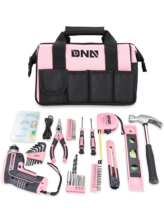 erorex 44 Piece Pink Tool Set Cordless Screwdriver And Household Tool Kit With Canvas Storage Bag For Diy Home Repairing Gift For Women Girls Ladies Tools 00205 - Image 1
