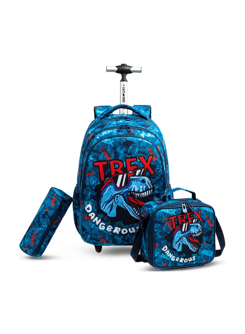 Eazy Kids 18inch Set of 3 School Bag Lunch Bag & Pencil Case Trex Dinosaur w/ Trolley Blue - Image 1