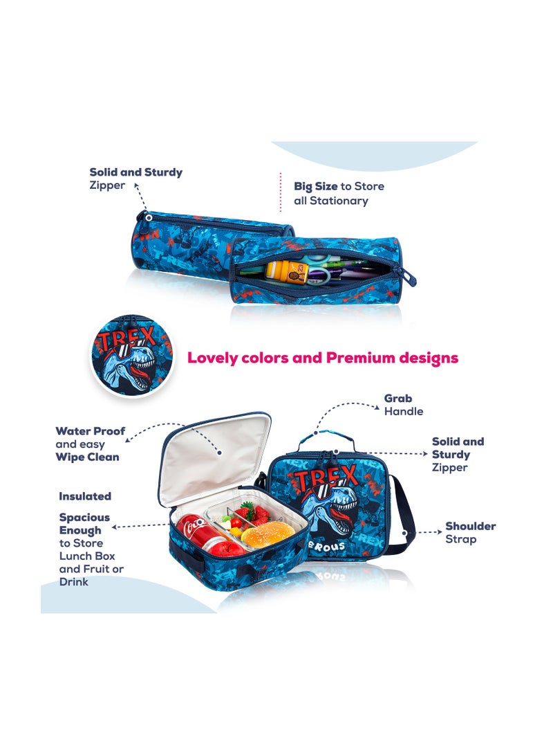 Eazy Kids 18inch Set of 3 School Bag Lunch Bag & Pencil Case Trex Dinosaur w/ Trolley Blue - Image 4