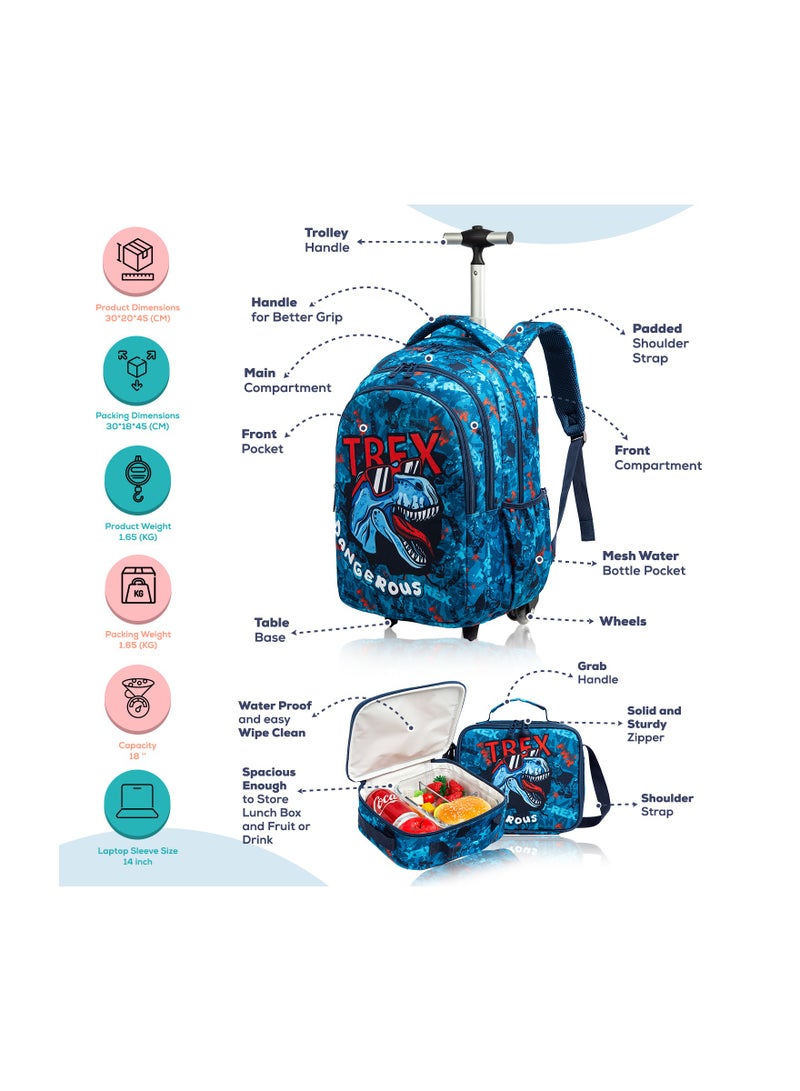 Eazy Kids 18inch Set of 3 School Bag Lunch Bag & Pencil Case Trex Dinosaur w/ Trolley Blue - Image 3