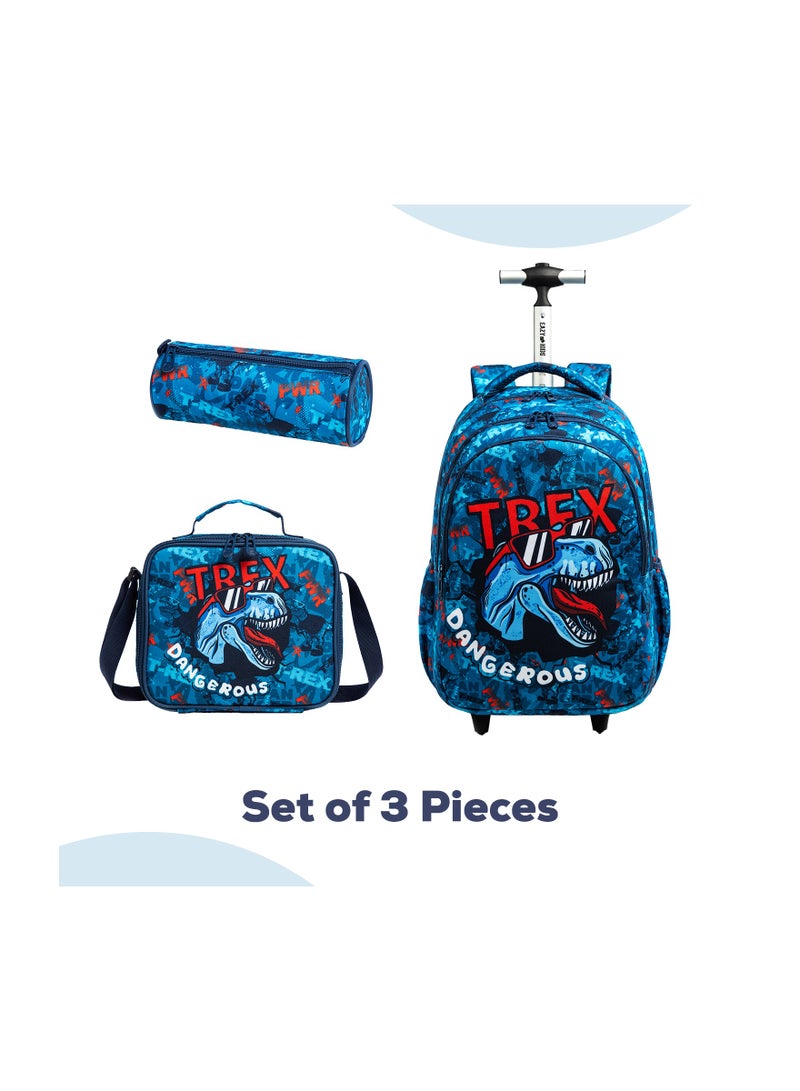 Eazy Kids 18inch Set of 3 School Bag Lunch Bag & Pencil Case Trex Dinosaur w/ Trolley Blue - Image 2