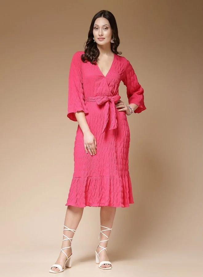 Women Fit and Flared Solid V-Neck Long Sleeve Wrap Midi Dress