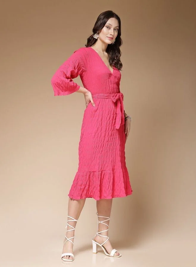 Freehand  Women Fit and Flared Solid V-Neck Long Sleeve Wrap Midi Dress for Women | Best Price UAE