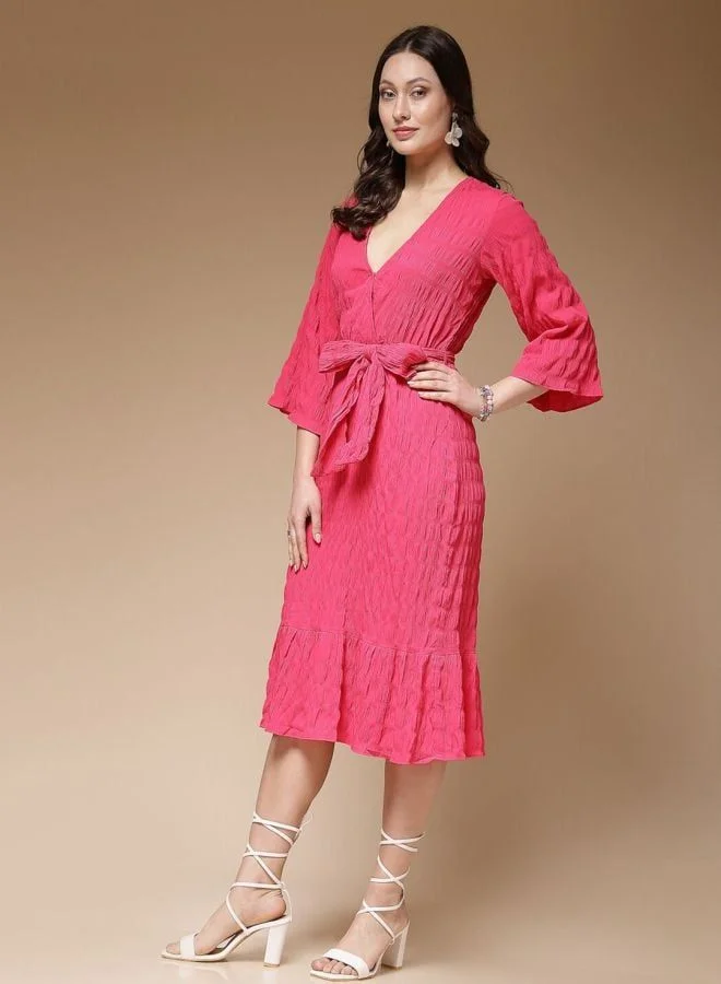 Freehand  Women Fit and Flared Solid V-Neck Long Sleeve Wrap Midi Dress for Women | Best Price UAE