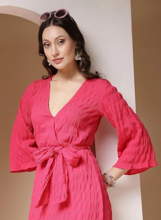 Freehand  Women Fit and Flared Solid V-Neck Long Sleeve Wrap Midi Dress for Women | Best Price UAE