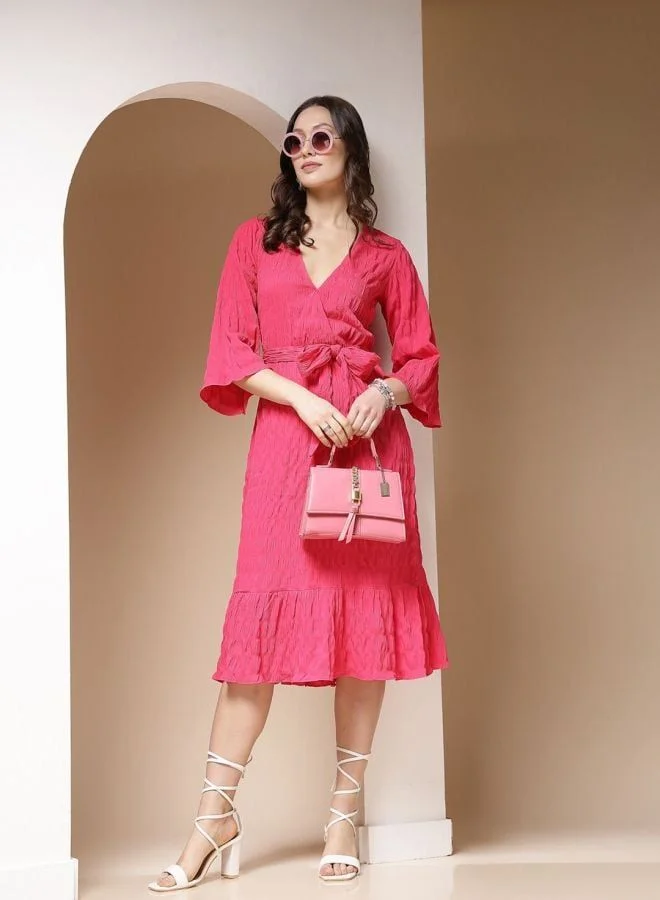 Freehand  Women Fit and Flared Solid V-Neck Long Sleeve Wrap Midi Dress for Women | Best Price UAE