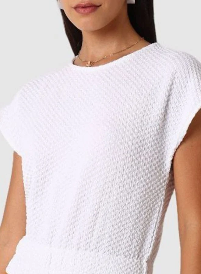 Freehand  Women Regular Fit Textured Boat Neck Sleeveless Gathered Waist Top  | Best Price UAE