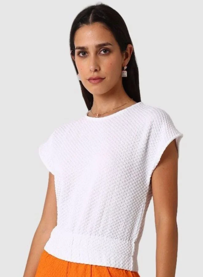 Women Regular Fit Textured Boat Neck Sleeveless Gathered Waist Top