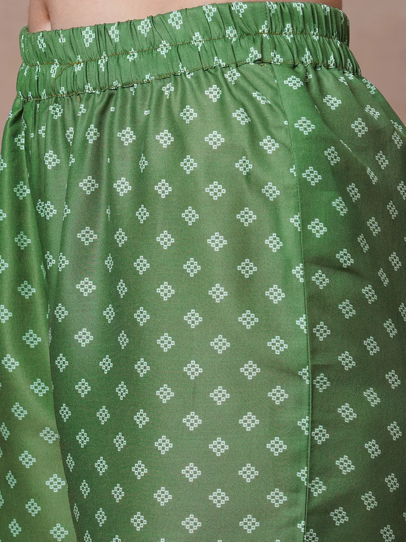 globus Women Green Cuffed Sleeves Tunic With Trousers