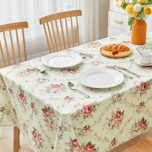 Qahing Vintage Floral Rectangle Tablecloth Shabby Chic Flower Table Cloth Spring Table Cover Waterproof for Dinner Kitchen Picnic, Pink, 60x84 Inches - Image 2