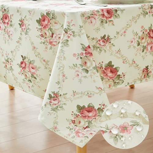 Qahing Vintage Floral Rectangle Tablecloth Shabby Chic Flower Table Cloth Spring Table Cover Waterproof for Dinner Kitchen Picnic, Pink, 60x84 Inches - Image 1