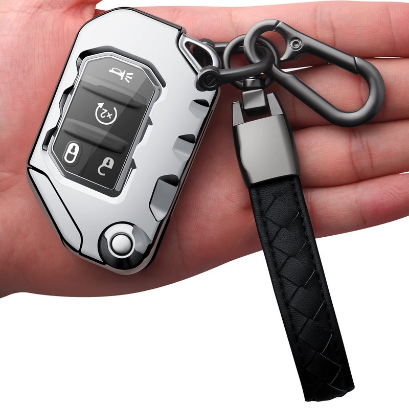 Autophone Compatible with Jeep Key Fob Cover with Leather Keychain Soft TPU Protection Key Case for 2018 2019 2020 2021 Wrangler JL Gladiator Remote Key (Silver) - Image 1