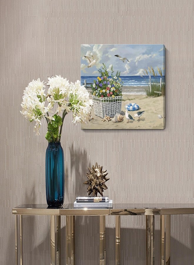 ARTZON Beach Wall Art Decor - Coastal Blue Ocean Seascape Canvas Print, Birds Seagulls Tropical Flowers Modern Landscape Picture for Bathroom or Bedroom Relaxing Summer Sea Scene Artwork 16x12 inch - Image 2