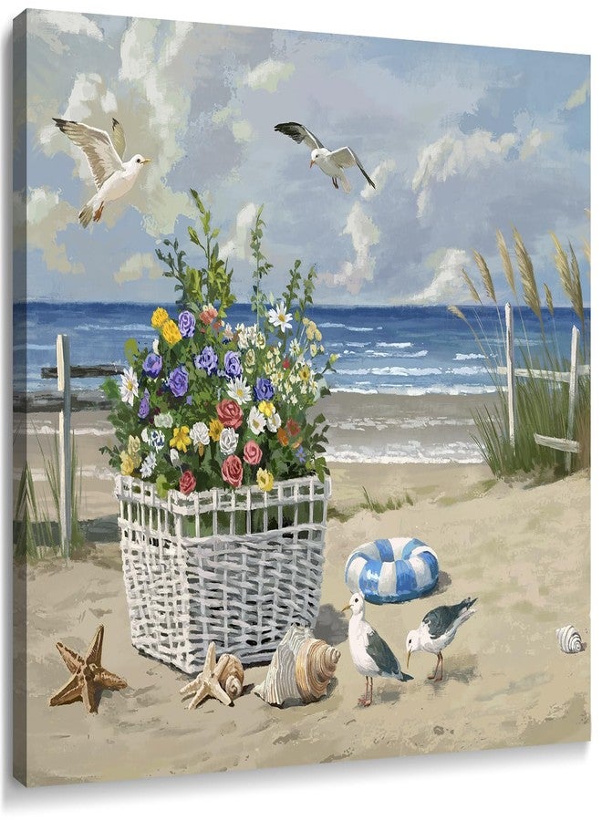 ARTZON Beach Wall Art Decor - Coastal Blue Ocean Seascape Canvas Print, Birds Seagulls Tropical Flowers Modern Landscape Picture for Bathroom or Bedroom Relaxing Summer Sea Scene Artwork 16x12 inch - Image 1